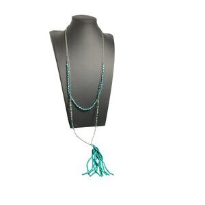 Turquoise & Silver Beaded Long Tassel Necklace With Adjustable Lobster Clasp